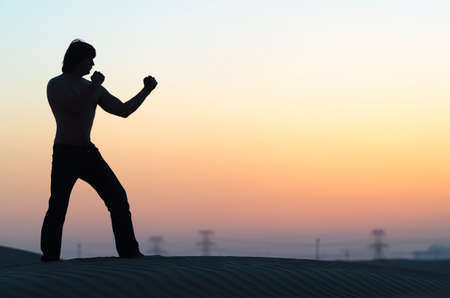 The man silhouette in desert at sunset staying in combat stanceの写真素材