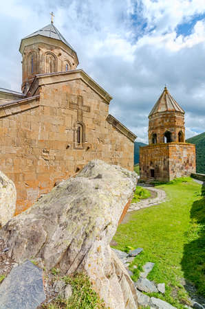 Beautiful church on georgian Mount Kazbek shoot in summer
