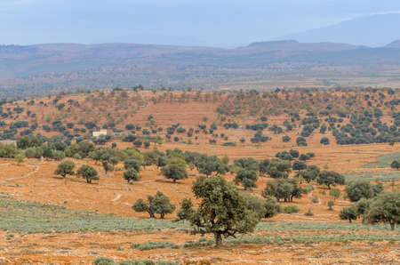 Beautiful landscape of distant mountains in desert of Moroccoの写真素材