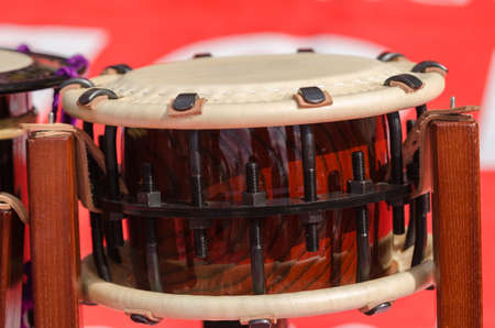 Traditional japanese percussion instrument Taiko or Wadaiko drum. Close shot.の写真素材