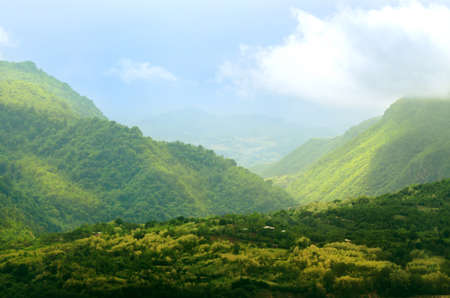 Beautiful sun spots in Caucasus mountains. 3 Layers of mountains. Georgia.