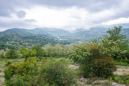 Green caucasus mountains landscape in evening, natural background.