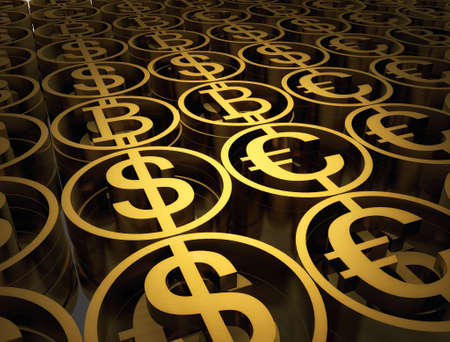 Stack of different coins contains of bitcoin, dollar and euro. Success financial signs. High quality...