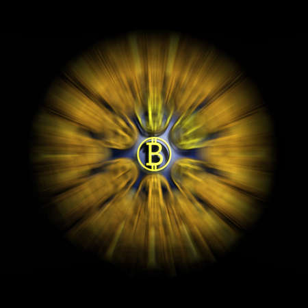 Bitcoin sphere contains of gold coins. Technological financial sign. Golden business