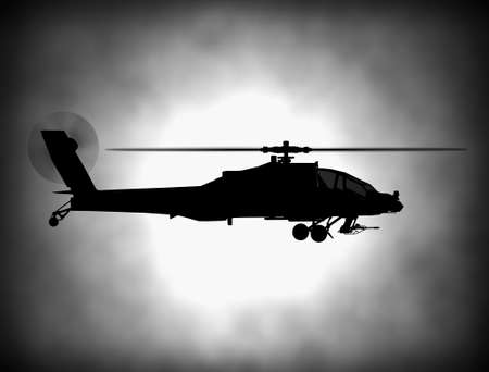 Silhouette of helicopter, soldiers rescue helicopter operations on sunset sky background. Copter in smog. 3D illustrationの写真素材