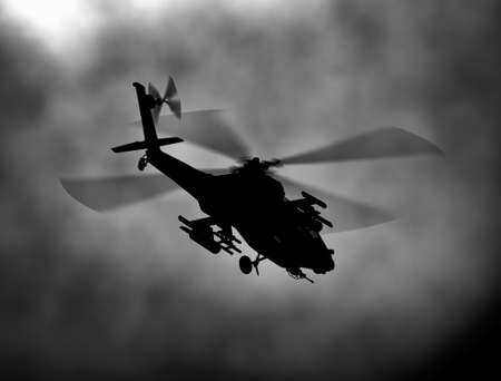 Silhouette of helicopter, soldiers rescue helicopter operations on sunset sky background. Copter in smog. 3D illustrationの写真素材