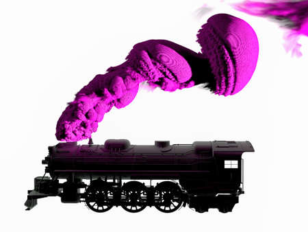 3D generated silhouette of steam locomotive in black and white on white background. Train puffing smoke from his tube.の写真素材