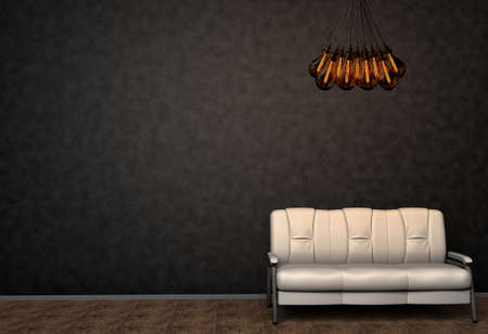Loft interior mock up photo. White leather sofa and minimalist luster with Tesla lamps. Background...