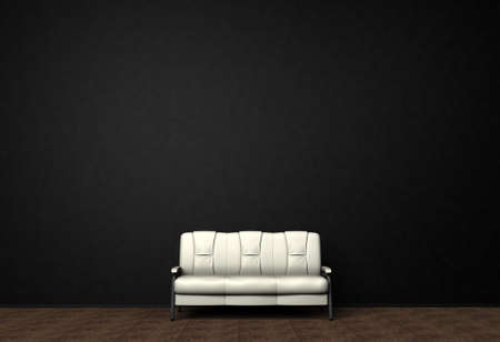 Loft interior mock up photo. Brown leather sofa. Minimalist style. Background photo with copy space for text. Black wall and wooden floor. 3D illustration.の写真素材