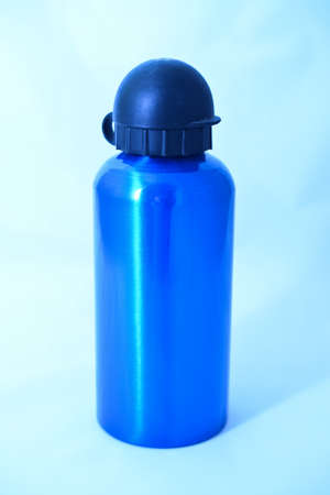 blue thermal water bottle isolated on white backgroundの写真素材