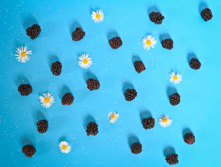 sugar and blackberries on blue table background