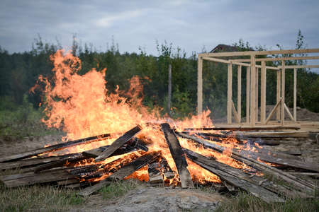 one big fireplace on home at nightの写真素材