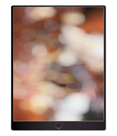 black Computer tablet with bokeh background on screen. Illustration.