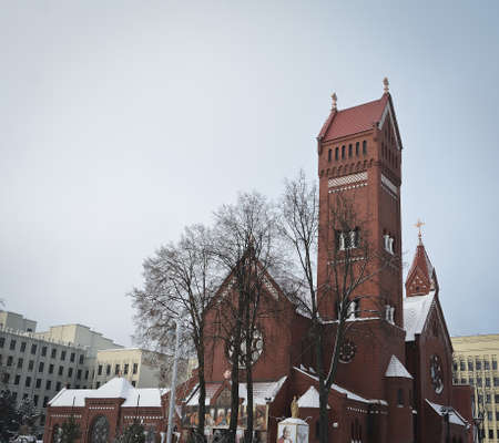 MINSK, BELARUS - January 11, 2017. Red Catholic church in the center of Minsk near the Parliament of Belarus.のeditorial素材
