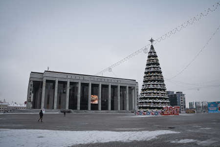 MINSK, BELARUS - January 11, 2017. Republic Palace and the main New Year's and Christmas tree of the country. October Square in Minsk, capital of Belarus.のeditorial素材