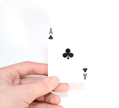 Ace in hand at man isolated on white backgroundの写真素材