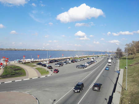 Russia, Nizhny Novgorod - May, 2018: Car road and Volga river viewのeditorial素材