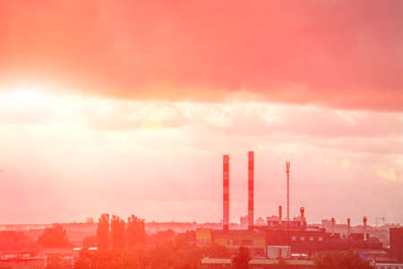 city landscape with clouds, urban background, pink color tonedの写真素材