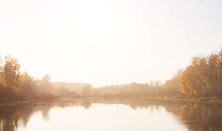 Autumn landscape pond, nature background, Belarus wildlifeの写真素材