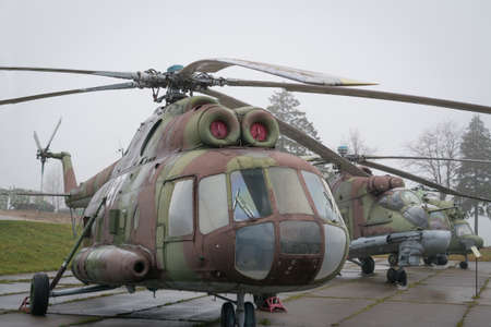 Old russian combat helicopter MI-24V, detail russian armsの写真素材