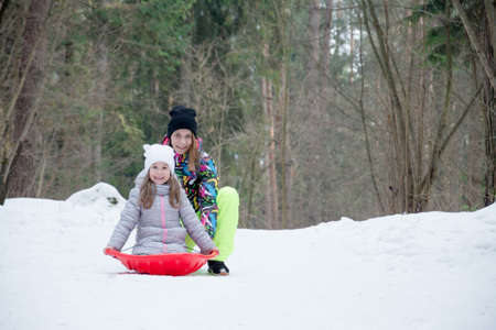 Family love: mother and daughter ride sledding in the park, winter forestの写真素材