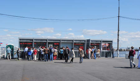 PETERHOF, RUSSIA -JULY 01, 2011: Ticket offices for ships in Peterhof. Harbor city transfer