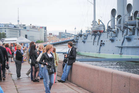 ST. PETERSBURG, RUSSIA - JULY 12, 2015: View of the Russian cruiser Aurora, currently preserved as a museum ship in Neva river st. Petersburgのeditorial素材