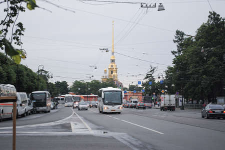 ST. PETERSBURG, RUSSIA - JULY 12, 2015: Urban scenic landscape of st. Petersburg city cars trafficのeditorial素材