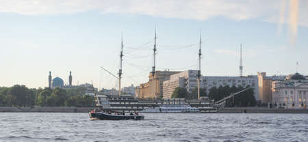 ST. PETERSBURG, RUSSIA - JULY 12, 2015: Excursion and Tour Cruise Boats on Neva River Water, urban cityscape view.のeditorial素材