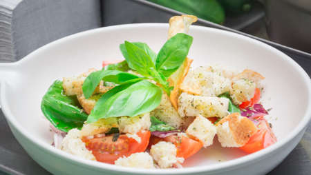 Italian cuisine, delicious vegetarian salad with croutons, tomatoes, lettuce, meadow and seasoning, kitchen photoの写真素材