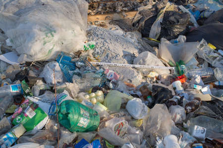 Garbage dump on the grass near the forest, ecological problem concept