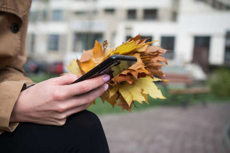 Close-up of female hands pointing finger on screen smart phone outdoorの写真素材