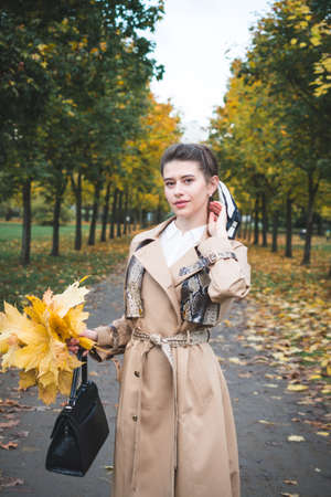 Stylish and beautiful girl in the autumn city park