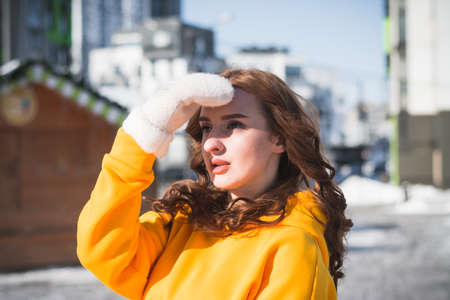 Beautiful and stylish Russian girl model in winter on the street of Moscowの写真素材