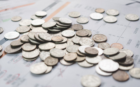 Russian rubles coins pile up on an investor's desk. Translate: Ruble, Russian Federationの写真素材