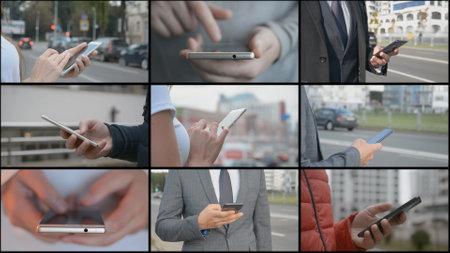 Modern mobile phone in the hands of a man close upの写真素材