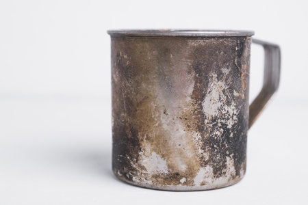 Dirty metal mug for camping and campfireの写真素材
