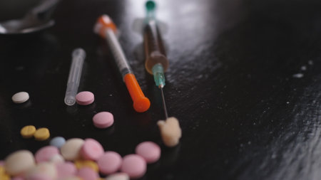 addicts table pills and injection on the black tableの写真素材
