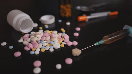 addicts table pills and injection on the black tableの写真素材