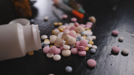 addict's table pills and injection on the black tableの写真素材