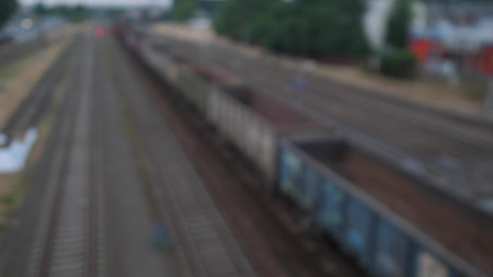 empty freight train slowly moving top viewの写真素材