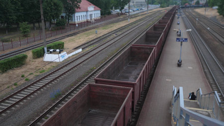 empty freight train slowly moving top viewの写真素材