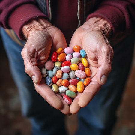A lot of pills in the hands of an old man, top view - Generative AIの素材