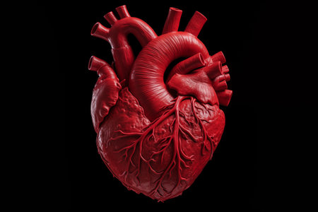Red human heart close up on black background - Generative AIの素材