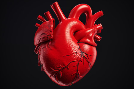 Red human heart close up on black background - Generative AIの素材
