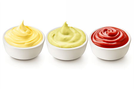ketchup mustard and mayonnaise in small jars isolated on white background - Generative AIの素材