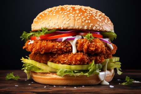 Fresh delicious chicken burger closeup - Generative AIの素材