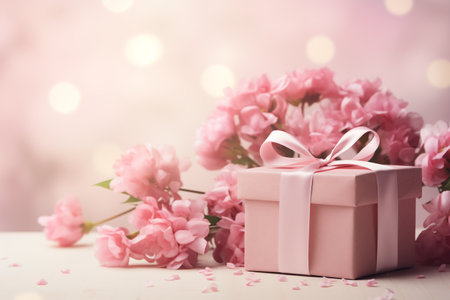 Gift box and pink flowers on wooden table with bokeh backgroundの素材