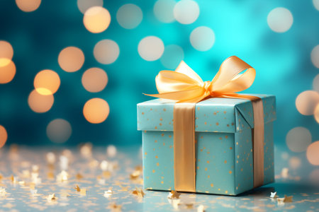 Gift box with golden bow on bokeh background, closeupの素材