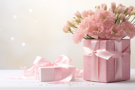 Gift box and bouquet of pink flowers on white wooden tableの素材